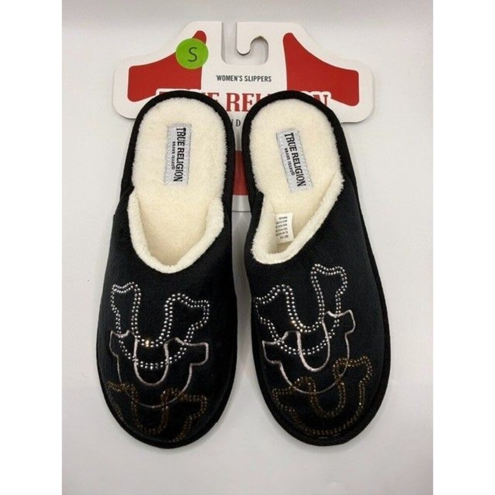 True Religion Women's Slippers Size Small Black Rhinestone Plush House Shoes New